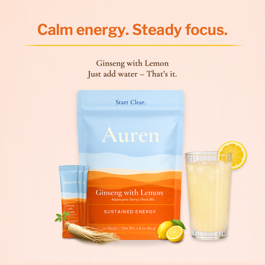 Auren pouch, stick pack, and glass of prepared ginseng lemon drink with fresh lemon, text reads calm energy, steady focus, ginseng with lemon, just add water, that's it